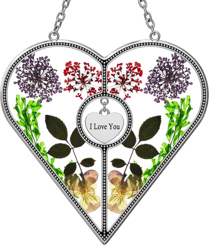 KY&BOSAM Heart Suncatcher Mom Gifts Stained Glass Panels for Windows Hangings Wind Chime with Pressed Flower and Metal I Love You Heart Charm Windows Indoor Trees Wedding Party Home Decoration