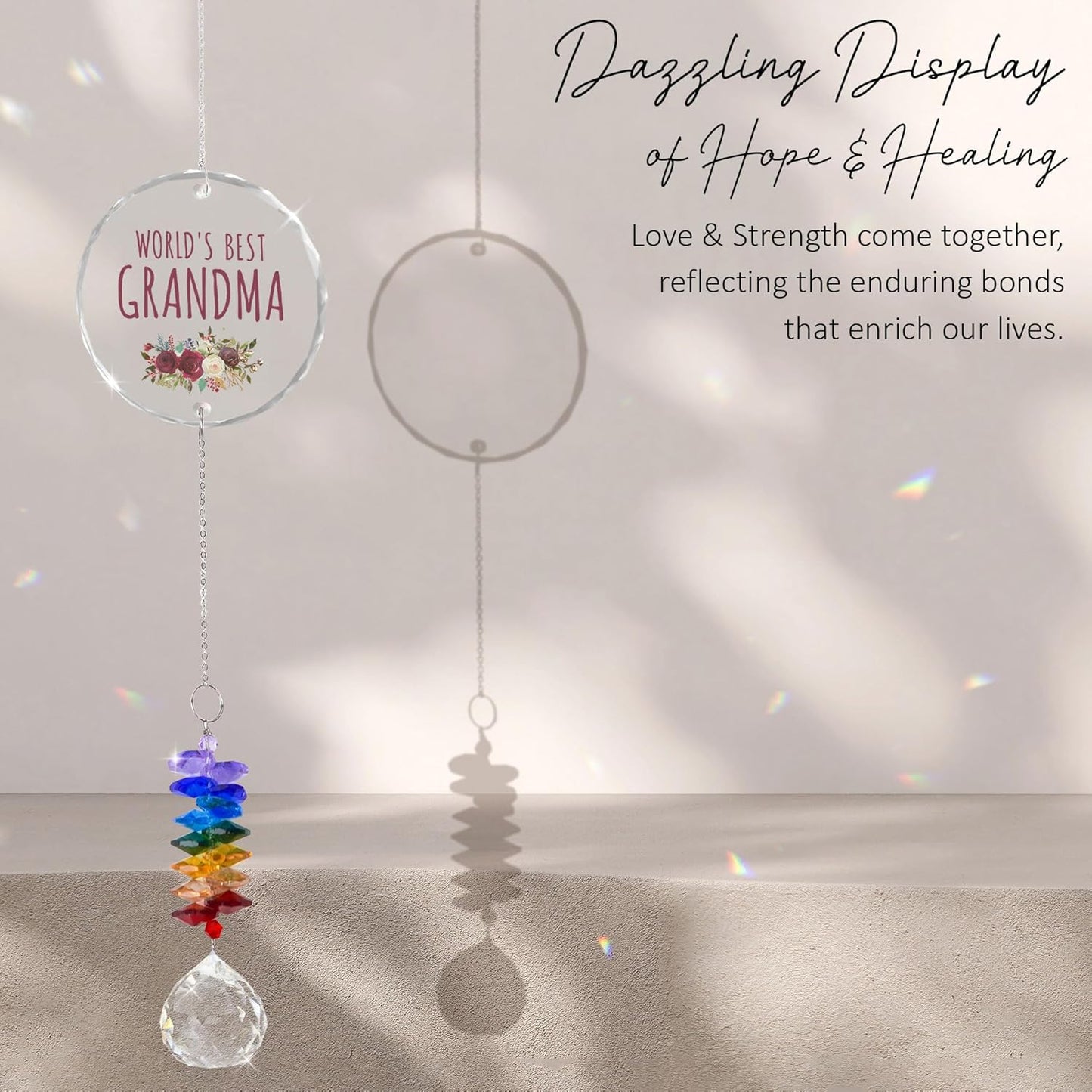Glass Ornament Suncatcher - World's Best Grandma Birthday Gift for Grandmother - Crystal Rainbow Maker - Gift from Granddaughter Grandson - Window Hangings Home Decor