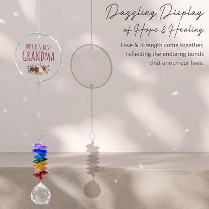 Glass Ornament Suncatcher - World's Best Grandma Birthday Gift for Grandmother - Crystal Rainbow Maker - Gift from Granddaughter Grandson - Window Hangings Home Decor