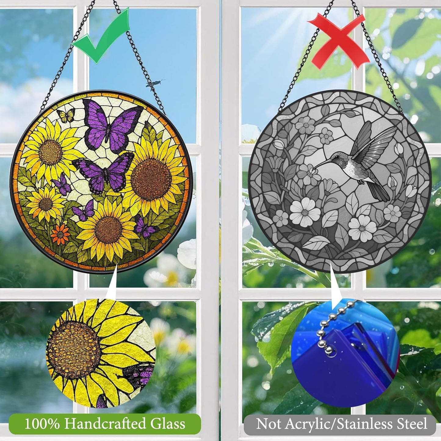 Sunflower Butterfly Suncatchers Stained Glass for Windows Hanging - 8'' Sun Catchers Indoor Window - UV-Print Stain Glass Window Hanging for Home Decor, Wall Art, Gifts for Mom