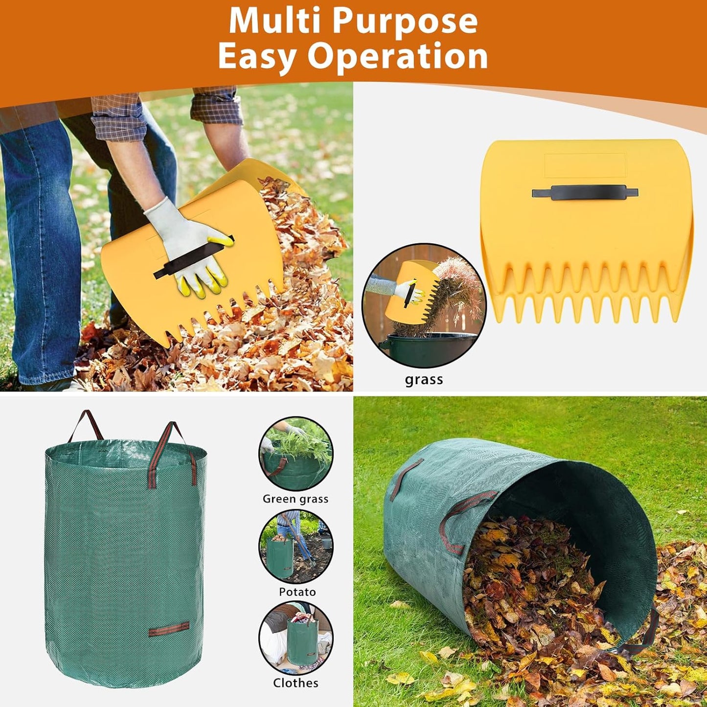 Rake for Leaves: Large 18" Wide Metal Leaf Rake, 65” Long Handle,25 Tines,Heavy Duty Graden Rakes Set for Lawn Yard Pine Needles Mulch Thatch Debris Cleanup Set with 32Gallon Leaf Bags and Scoops
