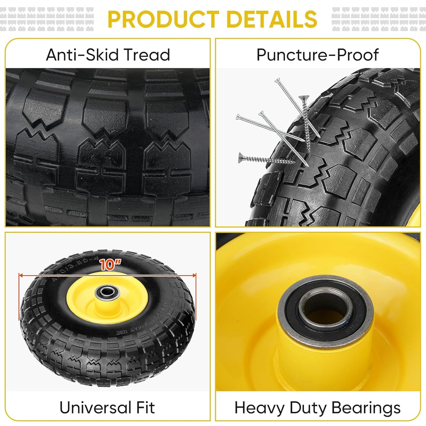 TICONN 10" Solid Tires, 4 Pack Flat Free 4.10/3.50-4'' Wheels with 5/8” Axle Bore Hole and Double Sealed Bearings (Yellow, 4PK)