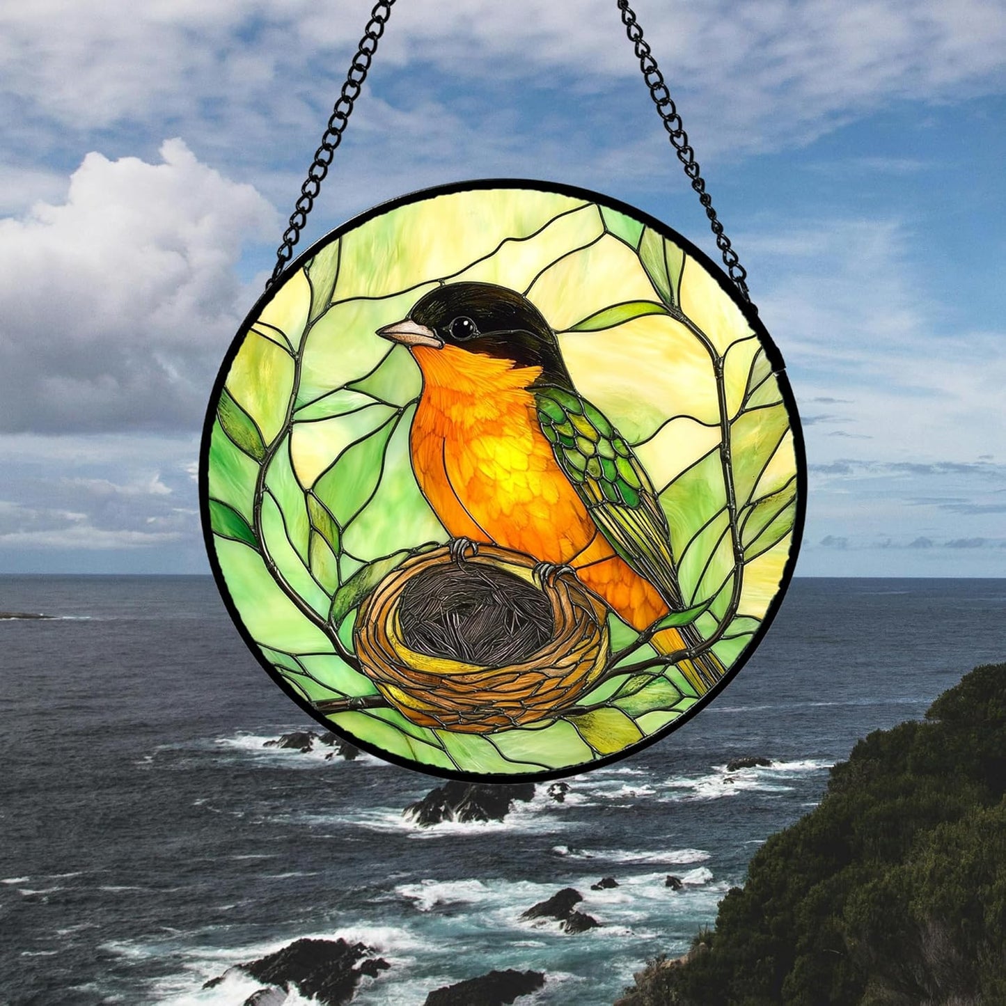 Stained Glass Window Hanging 4 Pcs Set Bird Theme On Branch Large 15" - Cardinal Suncatcher Door Garden Sun Catcher Decor Birthday Christmas for Mom Woman Nana Men