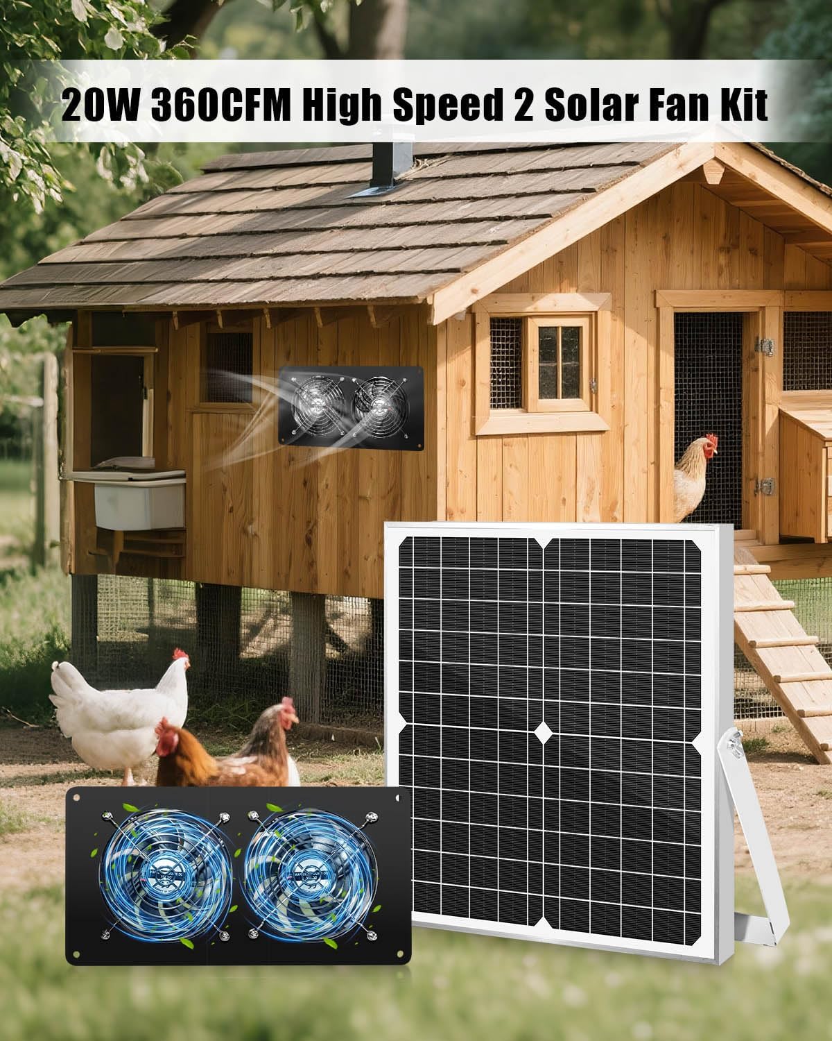 20W Solar Fan Kit for Greenhouse, Solar Panel Powered Dual Exhaust Fans, 3500 RPM IP67 Waterpoof Attic Fan for Chicken Coop, Dog House, Shed, Pet House Air Cooling