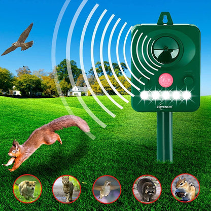 Ultrasonic Animal Deterrent with Flashing Strobe Light, Solar Powered Outdoor Repeller for Raccoons, Cats, Deer, Squirrels, Motion-Activated, Humanely Protects Garden & Lawn.