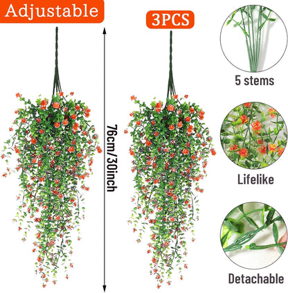 Artificial Hanging Flowers, 3 Pcs Fake Hanging Plants Artificial Vines for Outdoors, Fake Ivy Vine UV Resistant No Fade Faux Plants for Indoor Outside Garden Patio Yard Greenery Decoration (Orange)