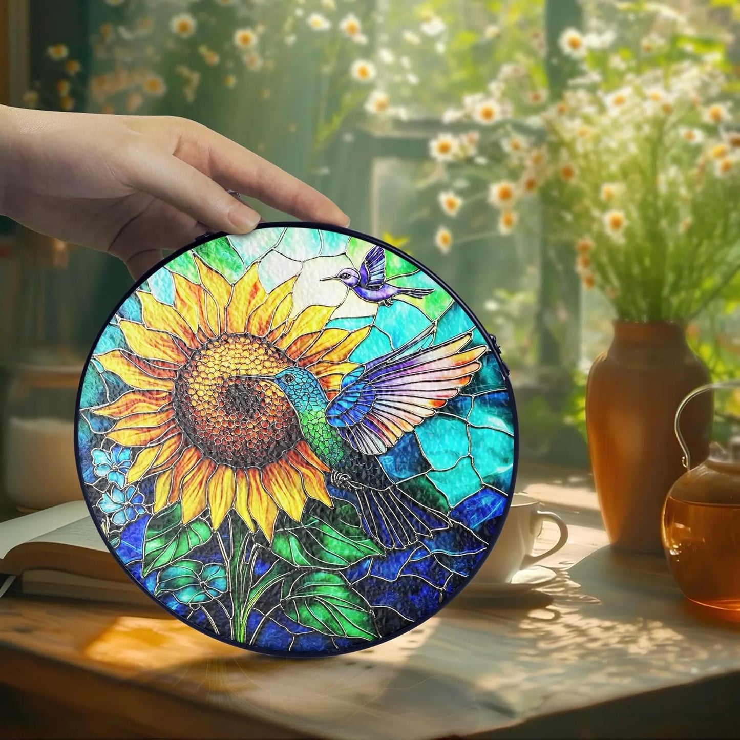 Hummingbird Stained Glass Suncatcher – Sunflower Window Decor, Memorial Hanging Ornament, Bird Lover Gift for Women Adults, Mom, Grandma, Friends, Christmas & Birthday Gifts, Mother’s Day Present