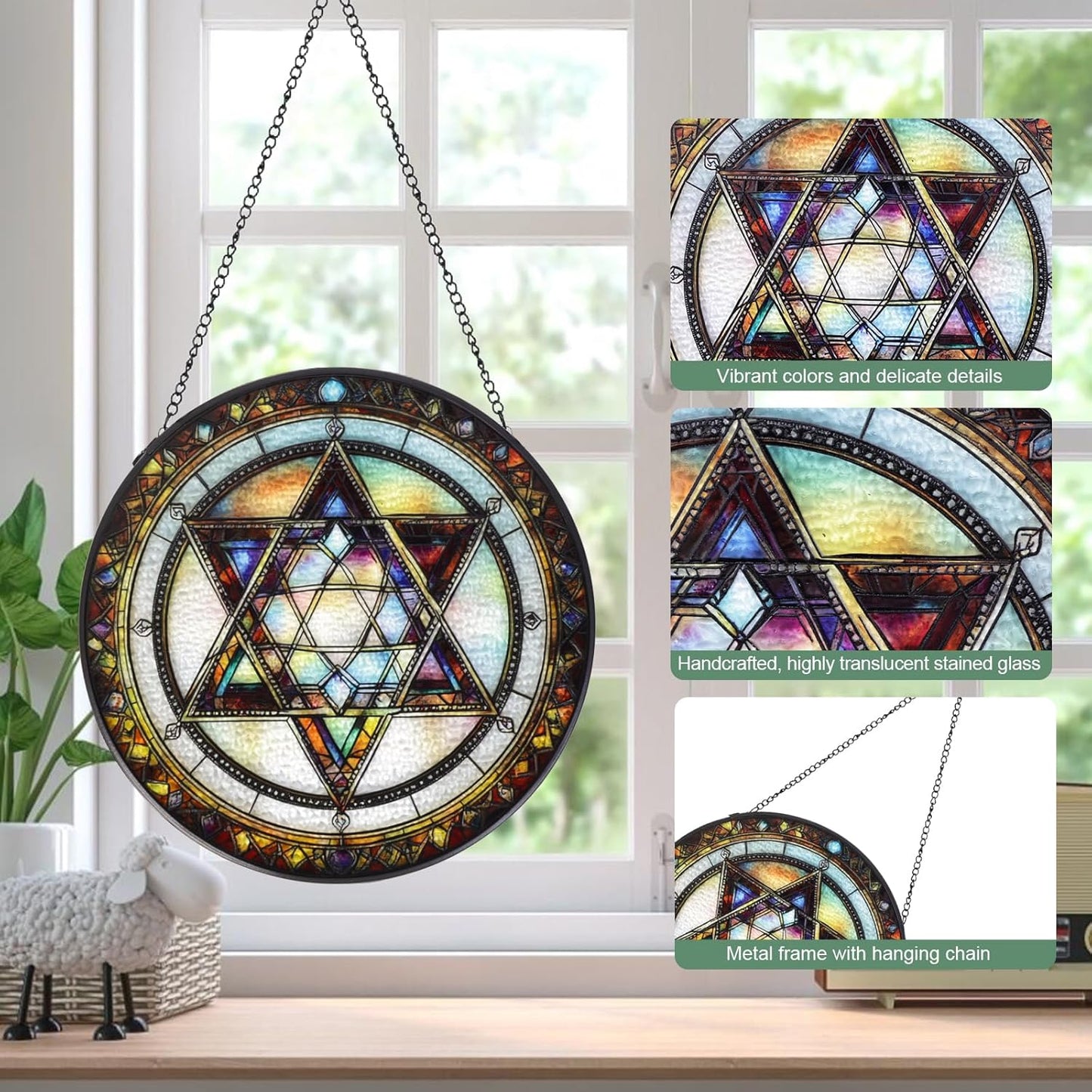 Star of David Handmade Stained Glass Window Hanging Suncatcher with Chain - 7.9" Outdoor/Indoor Art Decor for Home Garden, Wedding, Mother's, Valentine's & Christmas Ornaments Present