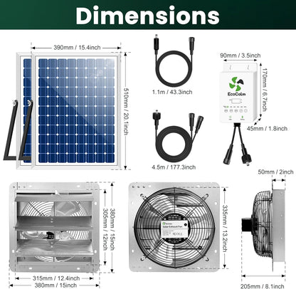 12" Solar Exhaust Fan for Greenhouse with Battery and Adjustable Thermostat, Attic Fans for Garage and Shed with 2PCS 30W Bifacial Solar Panels