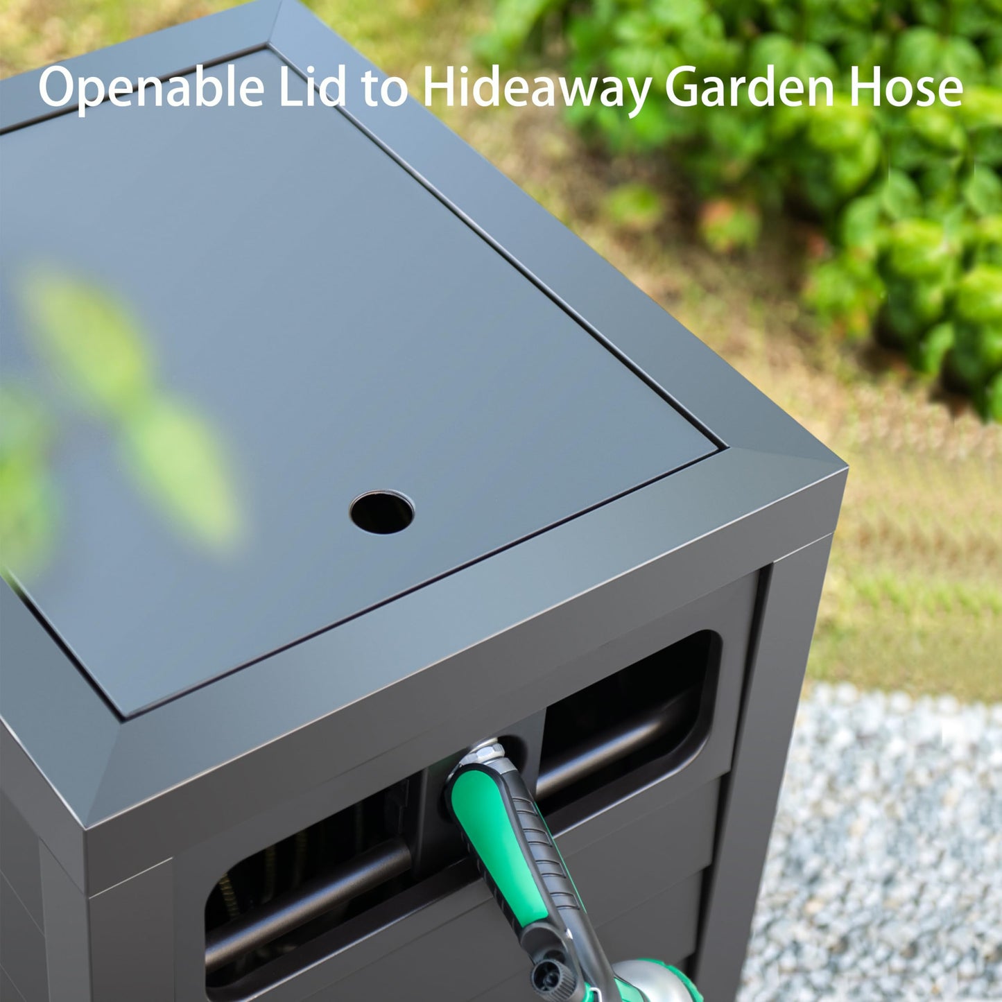 AQUAZILLA Metal Garden Hose Reel Deck box, Durable Steel Garden Hose Storage Box Cabinet, 150ft