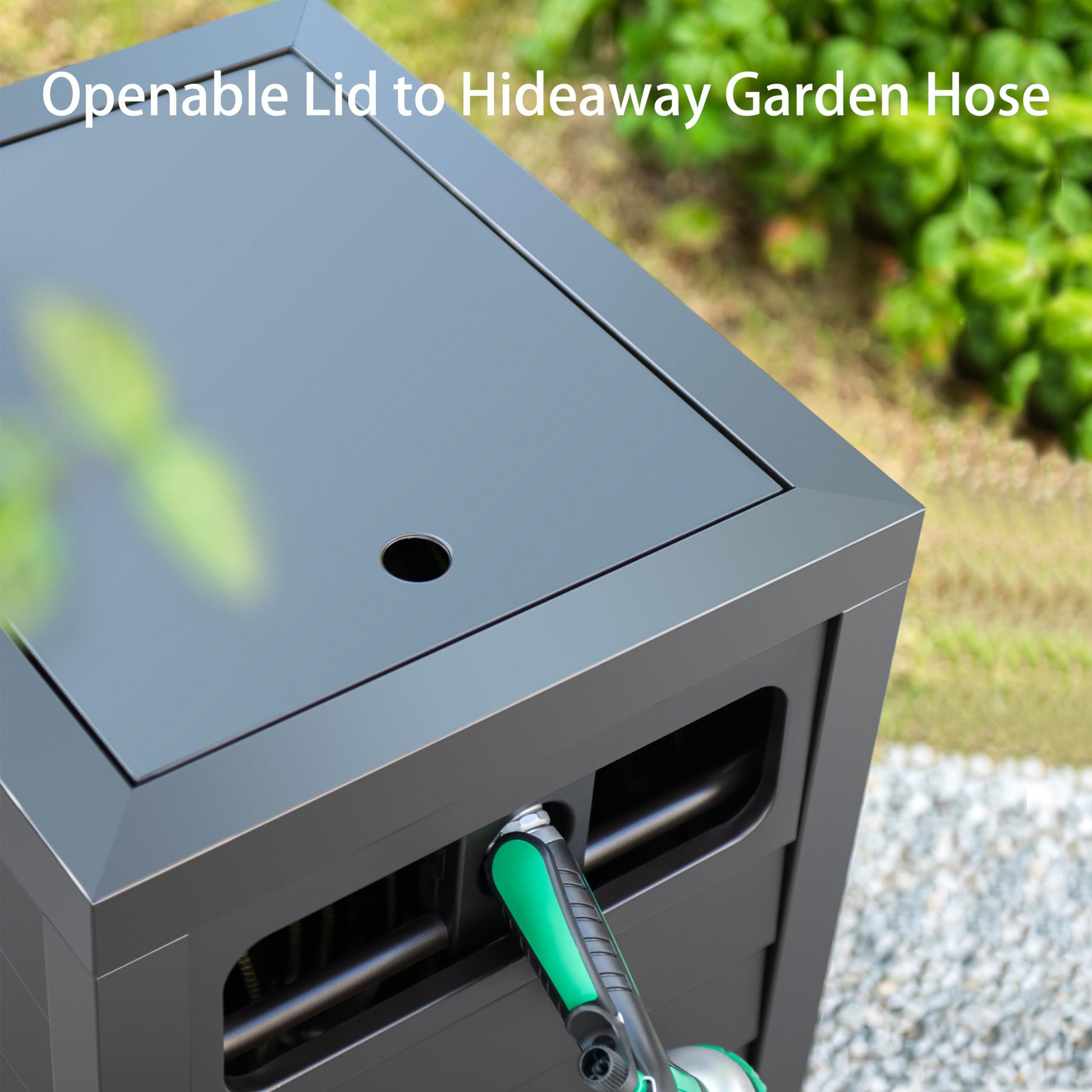 AQUAZILLA Metal Garden Hose Reel Deck box, Durable Steel Garden Hose Storage Box Cabinet, 150ft