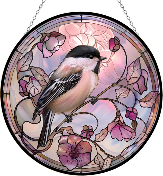 Easter Chickadee Stained Glass Window Hangings, Cat Butterfly Sunflower Handcrafted Stained Glass