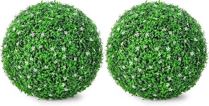 Goplus 2 PCS 19.5 Inch Artificial Plant Topiary Ball, Round Holly Faux Boxwood Balls Outdoor with White Flowers, Garden Spheres Decorative for Front Door, Porch, Backyard, Balcony, Patio, Wedding