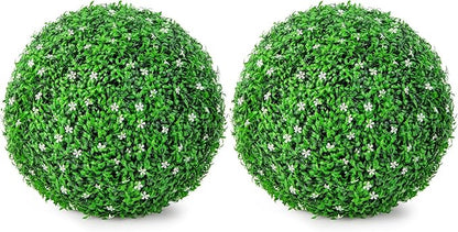 Goplus 2 PCS 19.5 Inch Artificial Plant Topiary Ball, Round Holly Faux Boxwood Balls Outdoor with White Flowers, Garden Spheres Decorative for Front Door, Porch, Backyard, Balcony, Patio, Wedding