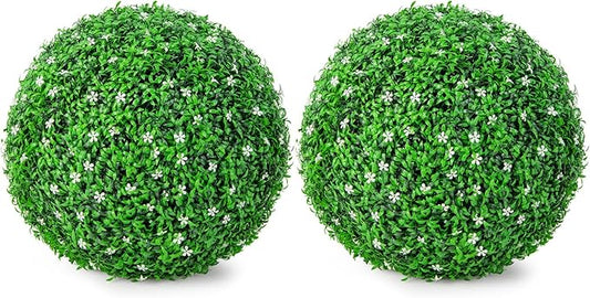 Goplus 2 PCS 19.5 Inch Artificial Plant Topiary Ball, Round Holly Faux Boxwood Balls Outdoor with White Flowers, Garden Spheres Decorative for Front Door, Porch, Backyard, Balcony, Patio, Wedding