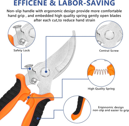 3-pack Garden Pruning Shears Set with Stainless Steel Blades, Bypass Pruners, Handheld Secateurs, Tree Trimmers, with Garden Scissors Whetstone,a Clean Brush and a hard Case