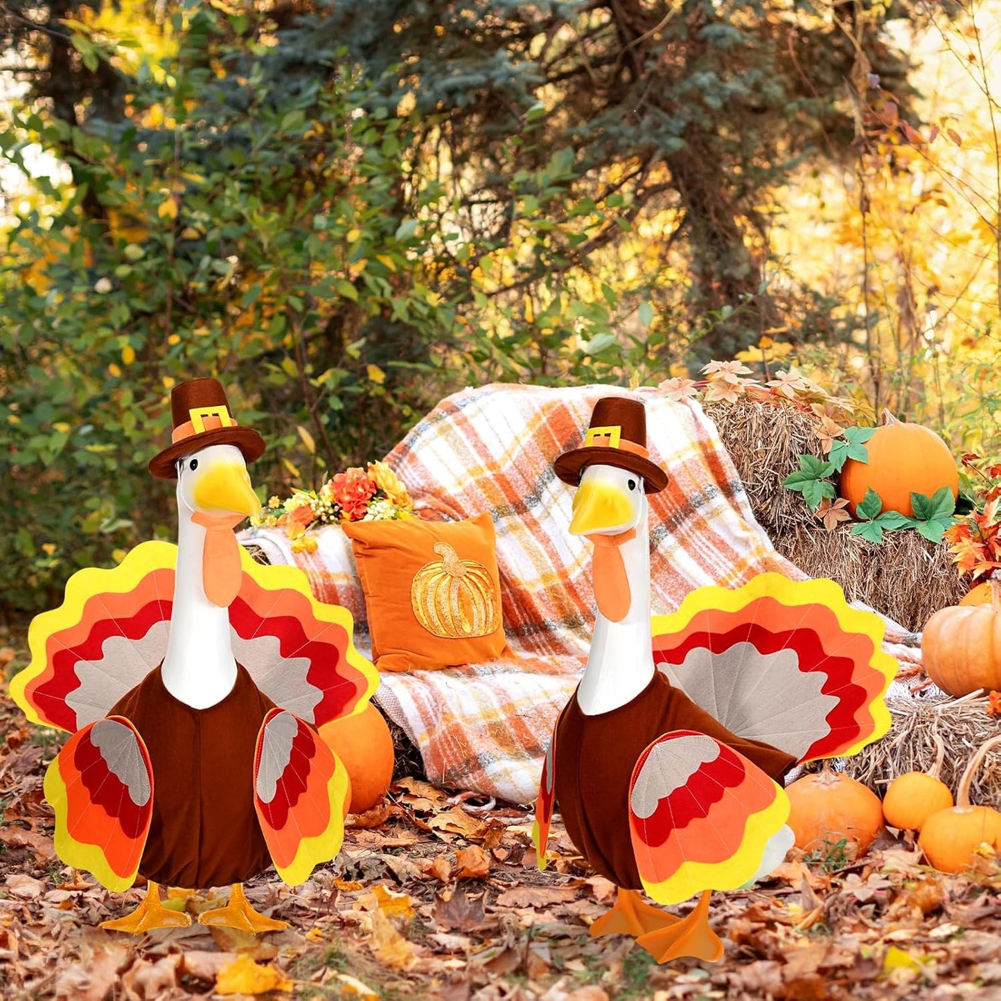 Thanksgiving Turkey Porch Goose Outfits Fall Lawn Goose Clothes, Fits 23" Cement Plastic Goose Statue for Autumn Outdoor Garden Yard Patio Statue Art Decoration