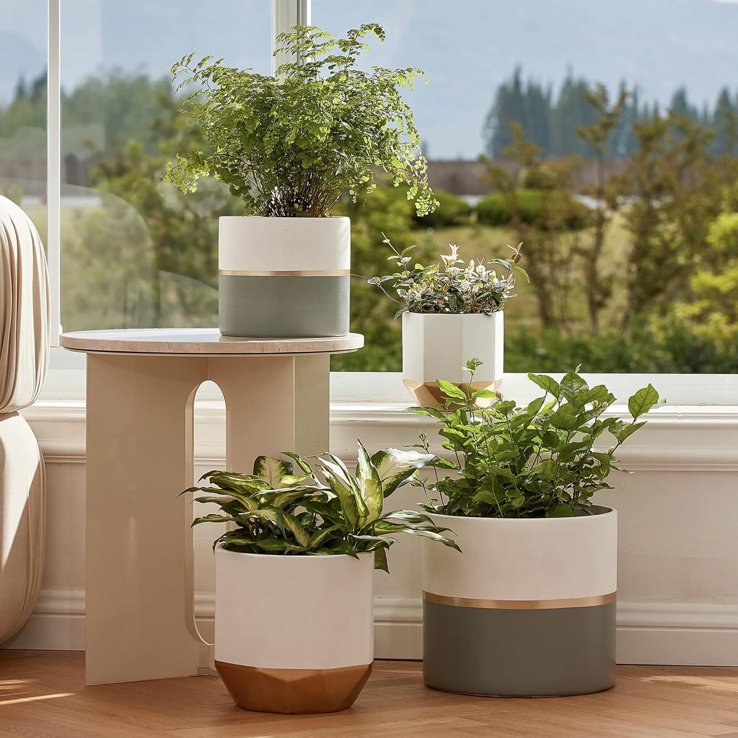 LA Jolie Muse White Ceramic Flower Pot Garden Planters 6.7 Inch Pack 2 Indoor Plant Containers with Gold and Grey Detailing
