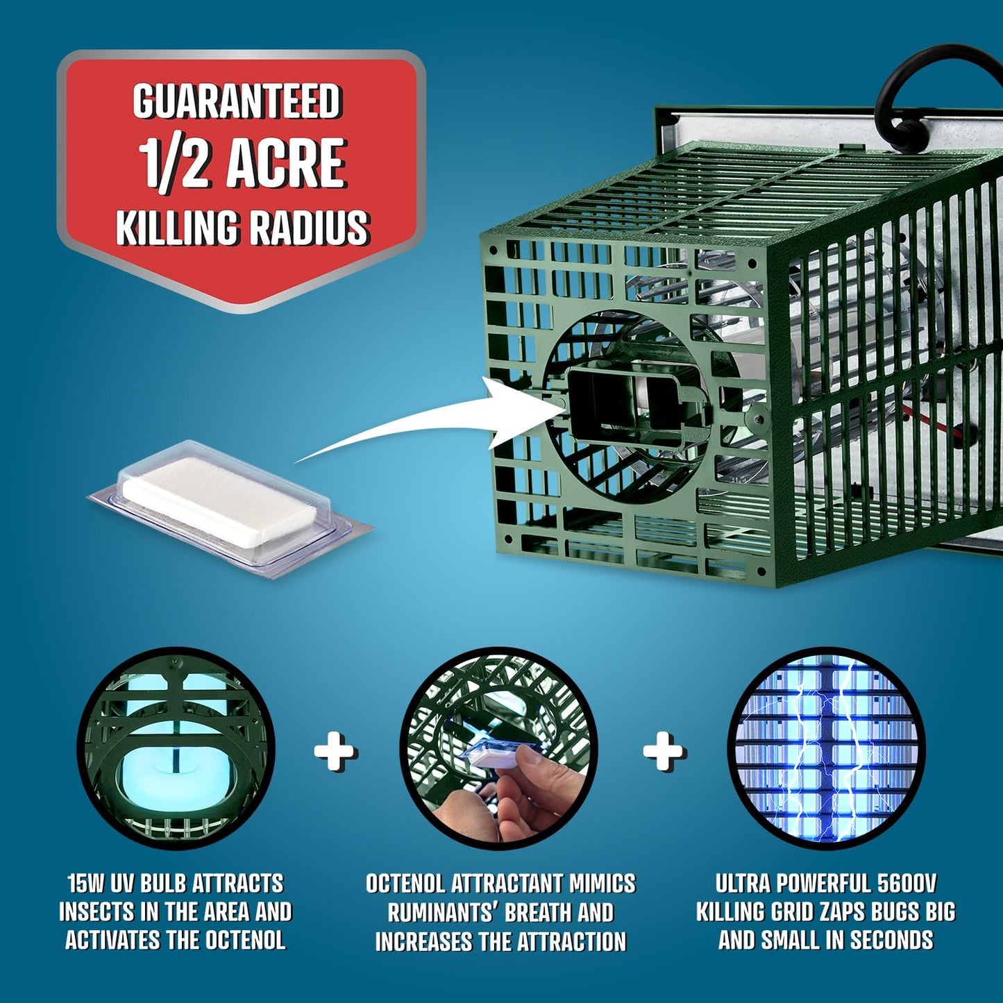 Flowtron Electric Bug Zapper 1/2 Acre Outdoor Insect Control with Dual Lure Method, 15W UV Light & Octenol Attractant for Fly & Mosquito, 5600V Kill Grid, Made in USA, UL Certified - Green Color