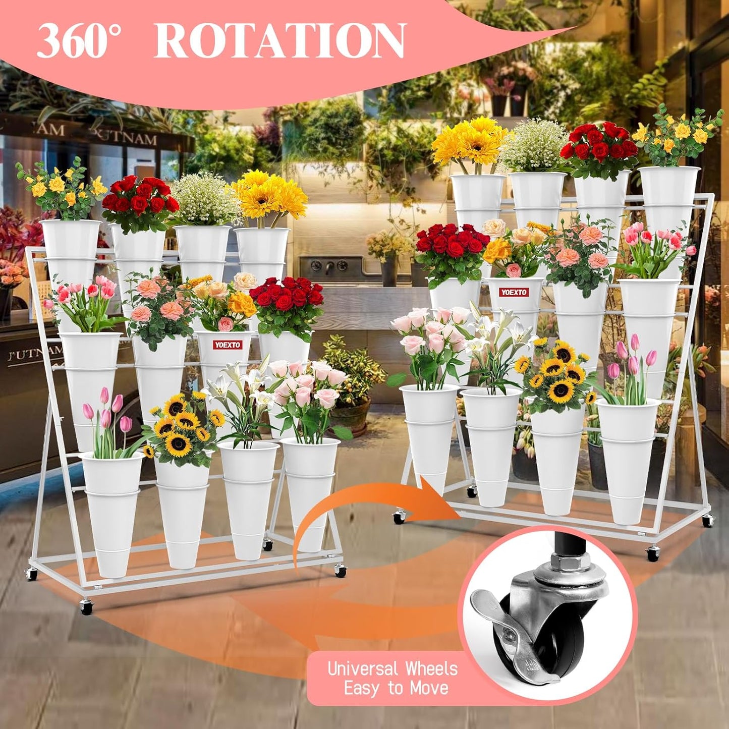 Flower Display Stand with Buckets, 3-Layers 12 PCS Buckets Plant Stand with Wheels, Movable Metal Plant Stand for Terrace Garden, Living Room, Florist Shop (White Frame - White Buckets, 3-Tier)