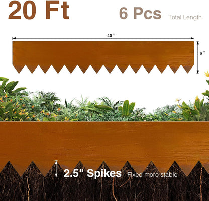 6-Pack Pre-Rusted Corten Steel Landscape Edging - 40" L x 6" H Each (20Ft Total) - No-Dig Hammer-in Heavy Duty Metal Edge Border w/ 7 Clips for Lawn, Yard Pathway Divider, #LYLB06RT-US