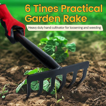 Garden Tool Set, 2 Piece Heavy Duty Gardening Hand Tools with Comfortable Handle, Including Garden Trowel and 6-Tine Rake, Durable Gardening Gift for Kids Men Women