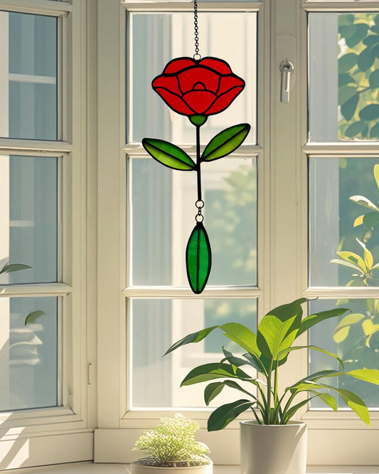 Stained Glass Window Hangings, Handcrafted Garden Suncatchers for Window and Home Decor Decor, Unique Artisan Glass Ornaments for Indoor and Outdoor Use, Red Flower