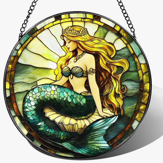 Stained Glass Window Hanging, 8 Inch Mermaid Suncatcher Stained Glass Ornament, Suncatchers for