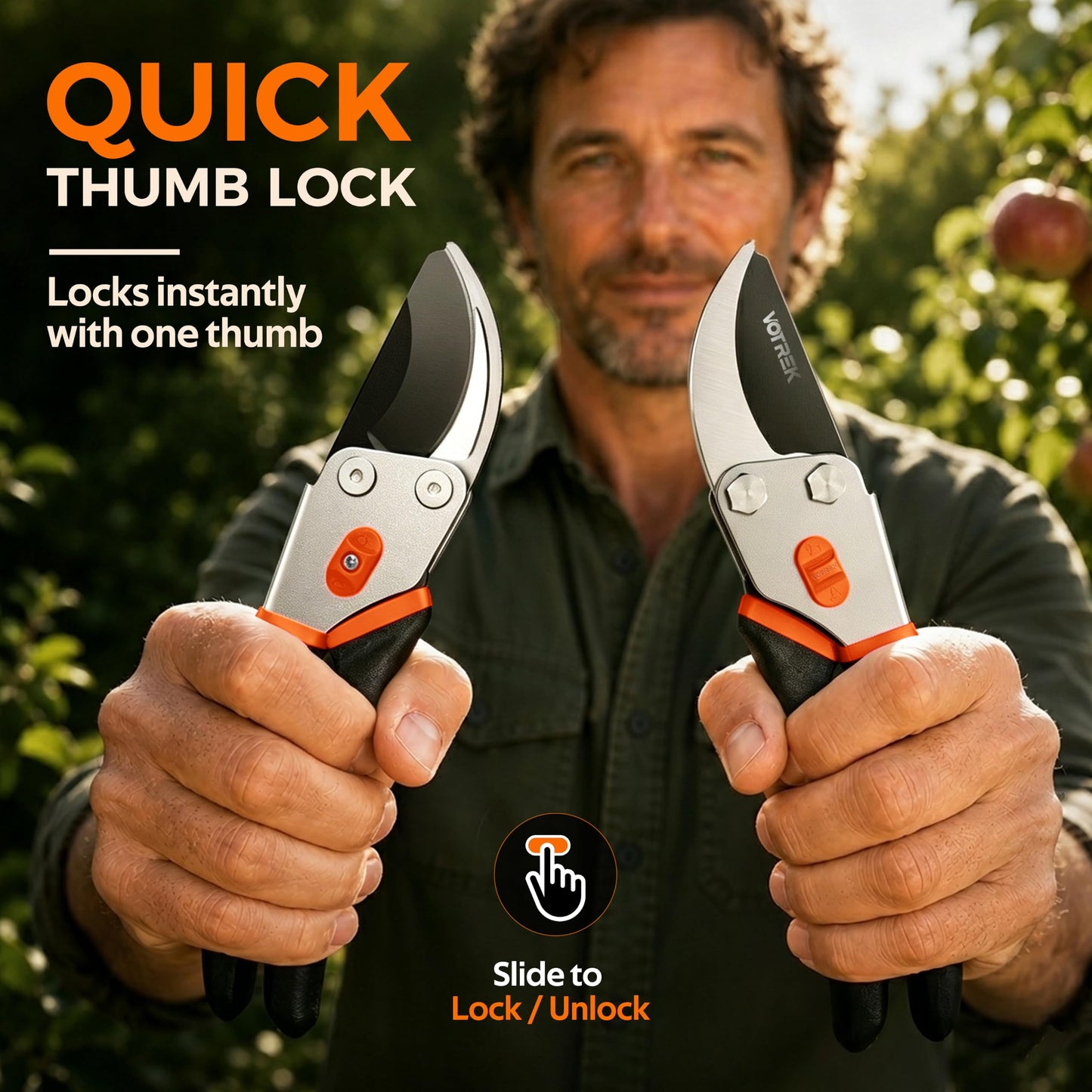 VOTREK® 8.5" Bypass Pruning Shears, Jam-Proof Spring Clippers for branches