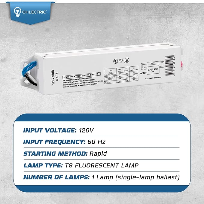 OHLECTRIC Replacement for Keystone KTEB-140-1-TP-EMI 1 Lamp T12 Electronic Fluorescent Ballast | 120V Input with Instant Start Operation | 0.88 Ballast Factor, UL-Approved
