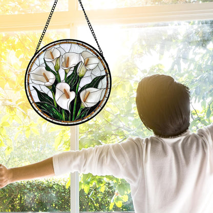 Stained Glass Window Hanging, White Calla Lily Flowers Sun Catchers Glass Panel Plant Suncatcher Decor for Birthday for Women, Men, Wife, Aunt, and Mom 11.8x11.8 in