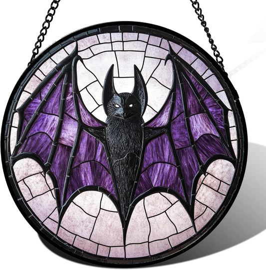 Stained Glass Window Hanging - Halloween Black Bat Purple Wings Monster Suncatcher for Doors Garden