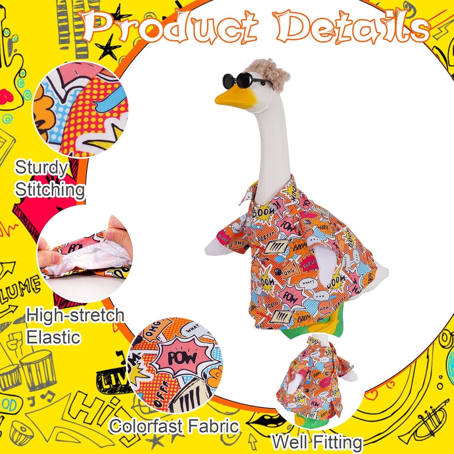 JIAYAN Porch Goose Outfits Outdoor Decoration: 3Pcs Funny Hip Pop Costume with Wigs Sunglasses Set 23"/ 17" Lawn Goose Statue Clothes for Theme Party Garden Patio Yard