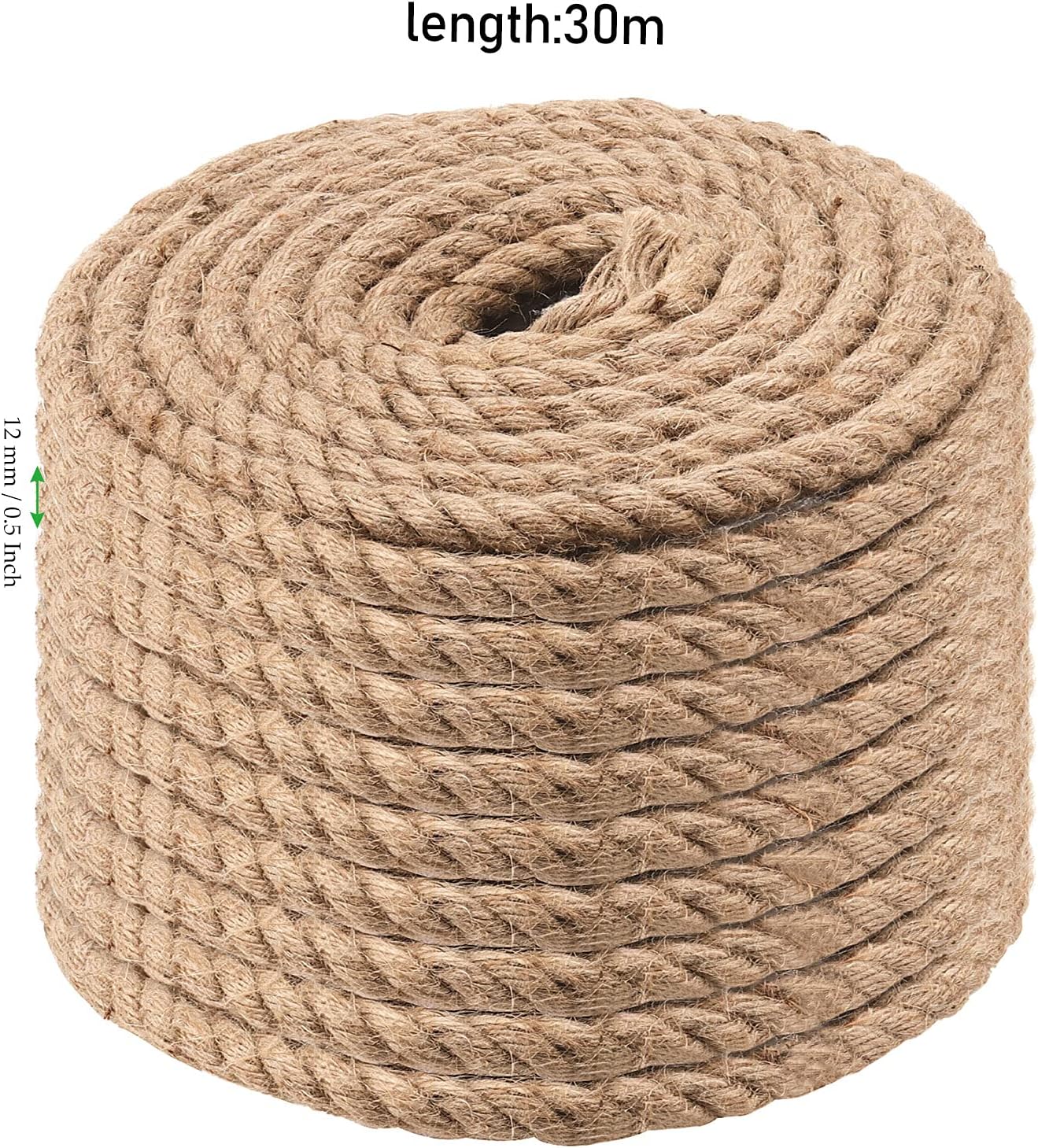 100 Feet 1/2 Inch Twisted Jute Rope, 3 Strand Hemp Rope Manila Rope Hanging Swing Cord for Nautical, Crafting, Gardening, Camping, Decor, Landscaping