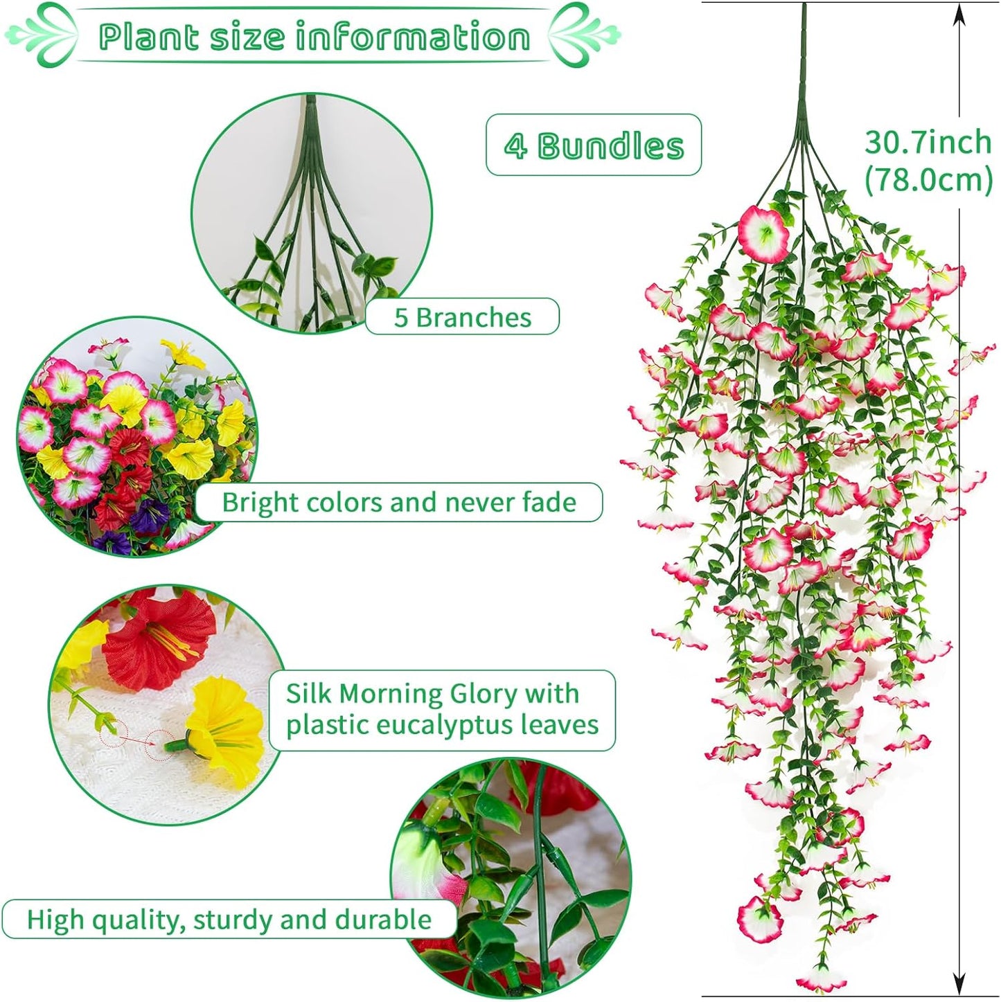4 Pack Artificial Faux Hanging Flowers Plant for Outdoor, Fake Silk Morning Glory with Eucalyptus UV Resistant Realistic Trailing Vine for Wall Home Porch Patio Balcony Yard Indoor Decor, Mix Color