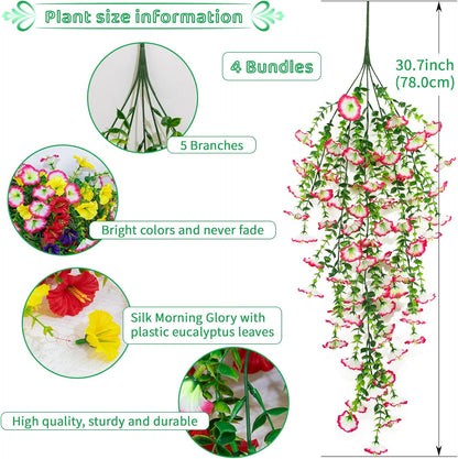 4 Pack Artificial Faux Hanging Flowers Plant for Outdoor, Fake Silk Morning Glory with Eucalyptus UV Resistant Realistic Trailing Vine for Wall Home Porch Patio Balcony Yard Indoor Decor, Mix Color