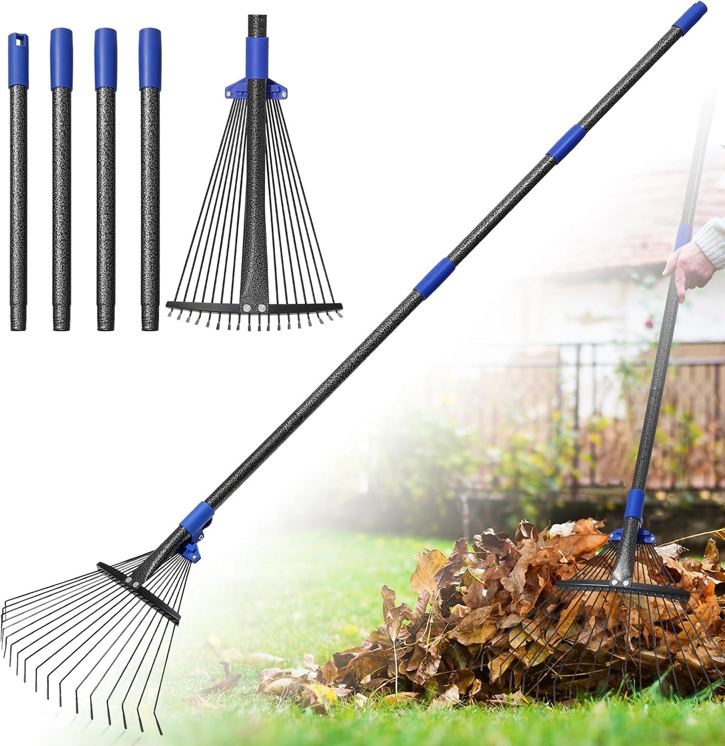 Rake for Leaves: Adjustable Metal Leaf Rake for Lawn, 8-17" Expandable Head, 65” Long Handle,Collapsible Heavy Duty Women Kids Garden Rakes for Yard Pine Needles Mulch Grass Debris Gardening Camping