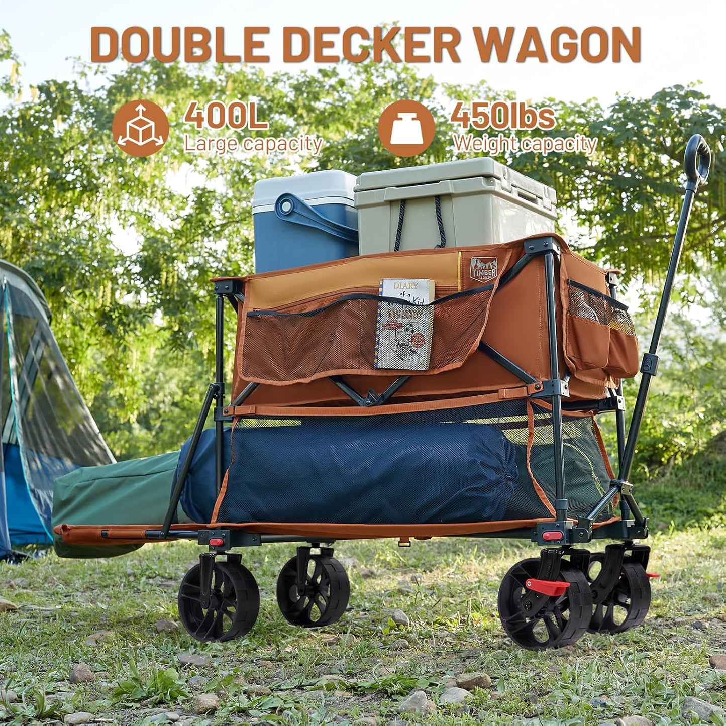 TIMBER RIDGE 400L Large Capacity Folding Double Decker Wagon with Brakes, 54" Extra Long Extender Wagon Cart, 450lbs Heavy Duty Collapsible Cart, All-Terrain Big Wheels for Camping, Sports, Shopping