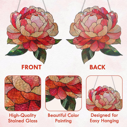 FLAGWIX Christmas Peony Flowers Gifts for Grandma - Stained Glass Window Hanging 8 in - Birthday Gifts for Women Mom, Grandma Gift, Peony Sun Catchers Indoor Window, Suncatchers Christmas Decorations