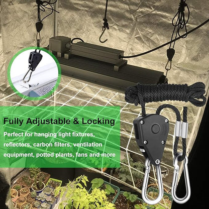 Rope Clip Hanger, 8 Packs 1/8 in Reinforced Adjustable Height Anti-Loose Design Metal Gears Clip for Growing Light Fixtures, Hanging Plants, 8 FT Length 150lbs Weight Capacity