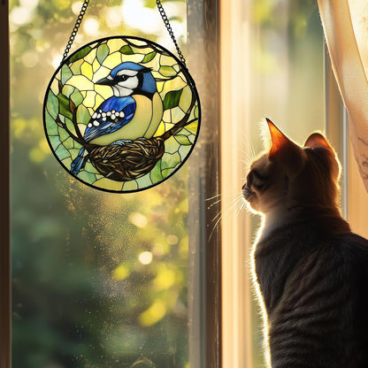 Stained Glass Window Hanging 4 Pcs Set Bird Theme On Branch Large 15" - Cardinal Suncatcher Door Garden Sun Catcher Decor Birthday Christmas for Mom Woman Nana Men