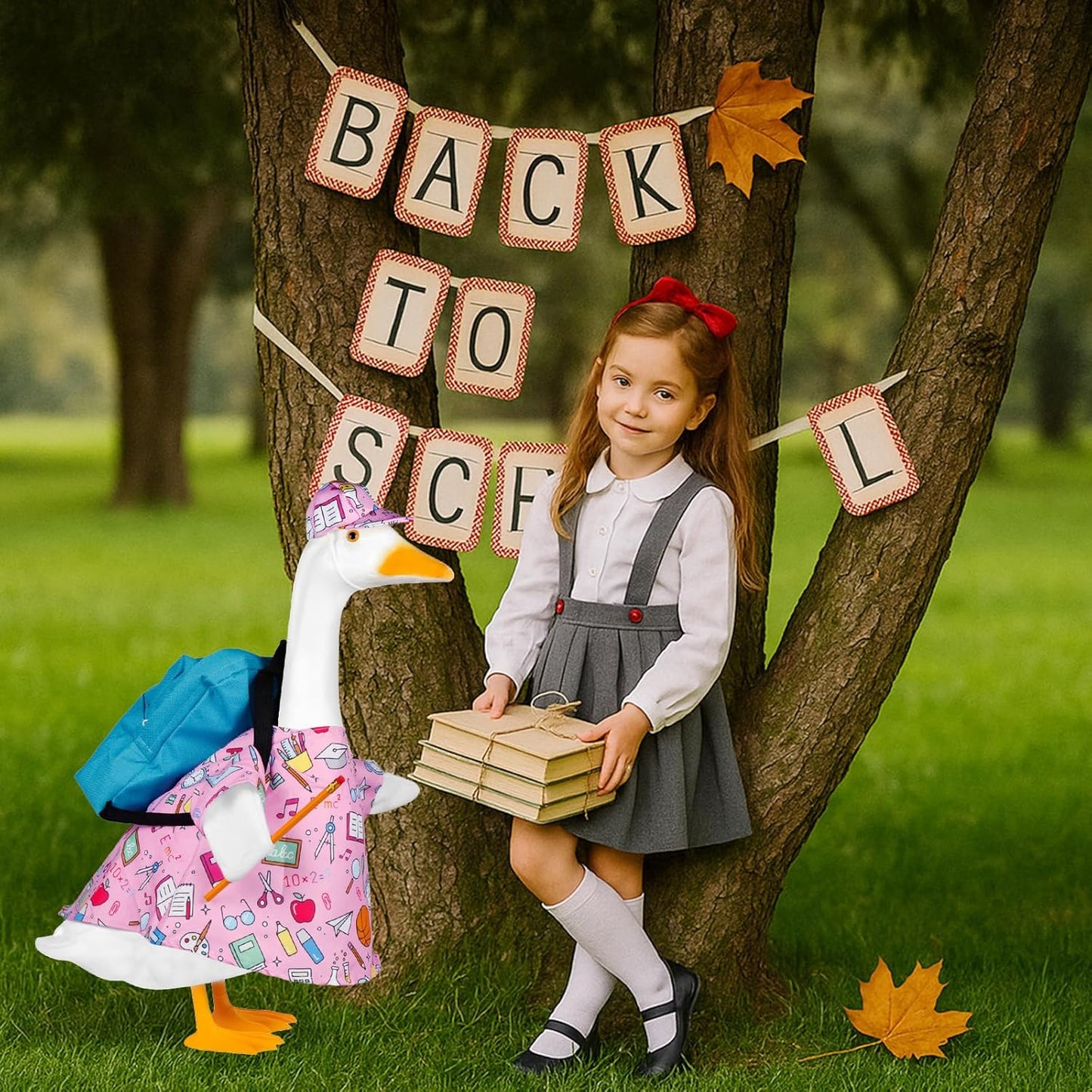 Back to School Porch Goose Outfits,4Pcs Yard Goose Statue Clothes for 23" Geese Clothes Patio Lawn Garden Decoration