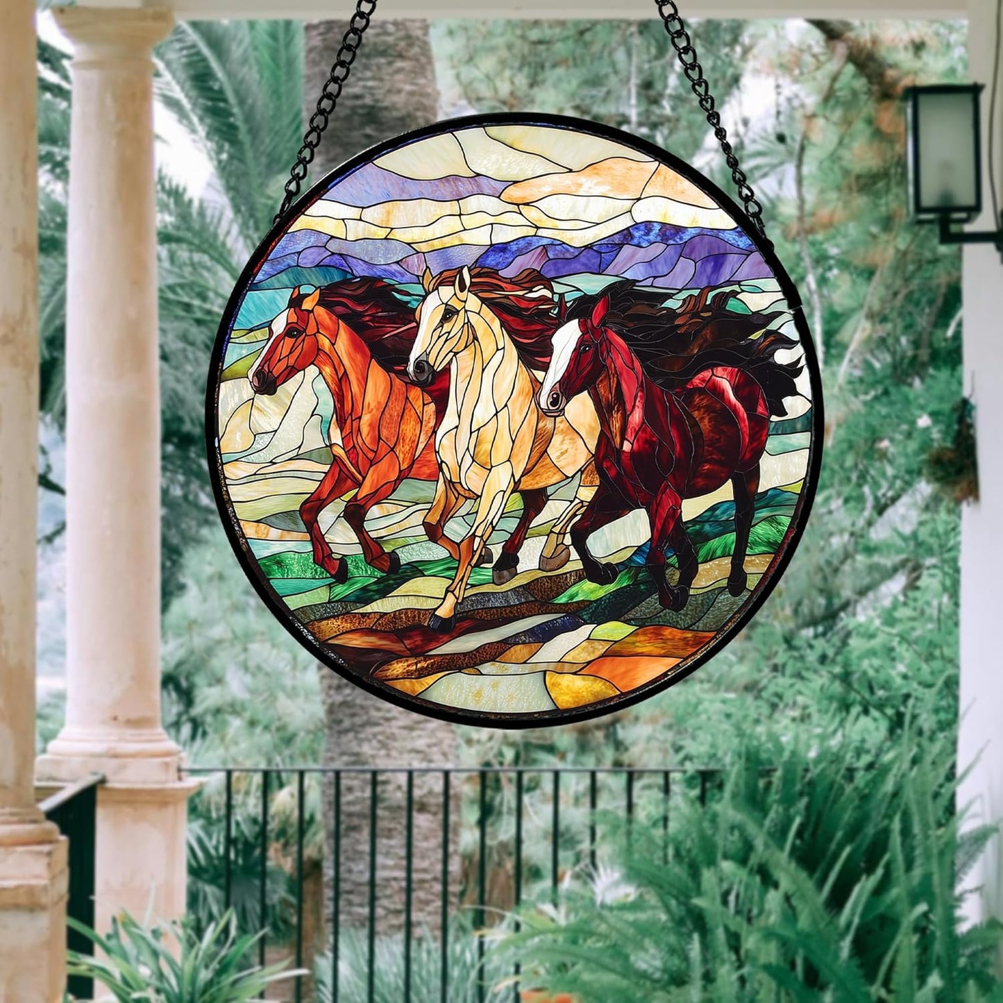 Stained Glass Window Hanging, Colorful Landscape Running Horse Suncatcher for Doors Window Home Sun Catchers Decoration Mother's Day Birthday Gifts for Women, Men, and Mom 7.8x7.8 in