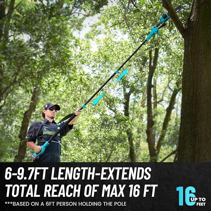 SEESII PS810 2-IN-1 Cordless Pole Saw & Mini Chainsaw, 8-inch Electric Saws Brushless with 2 x 4.0Ah Batteries, 16-Foot MAX, Chain Saw with Extension Pole for Wood Cutting Trimming Branch