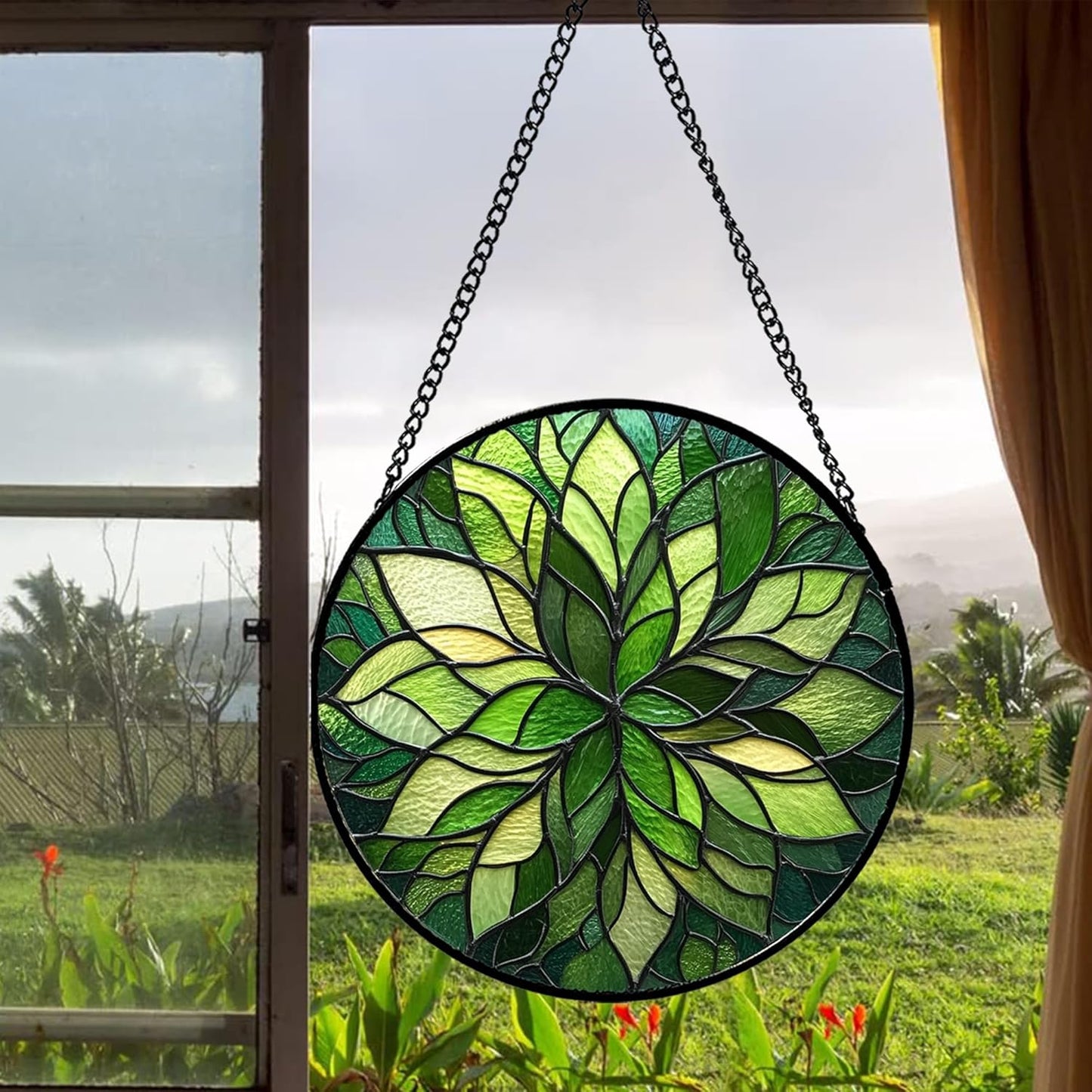 Stained Glass Window Hanging - Green Gradient Flowers Suncatcher for Doors Window Home Plant Sun Catchers Decor Christmas Mother's Day Birthday Gifts for Teacher Women Men Mom Nana 11.8 in