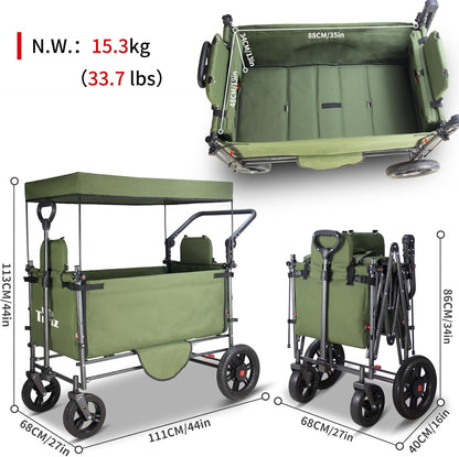 TMZ Collapsible Wagon Cart with Side-Opening Seat Conversion Design, Foldable Utility Wagon with 2 Seats, Heavy Duty Wagon 265 lbs Load Capacity (Green)