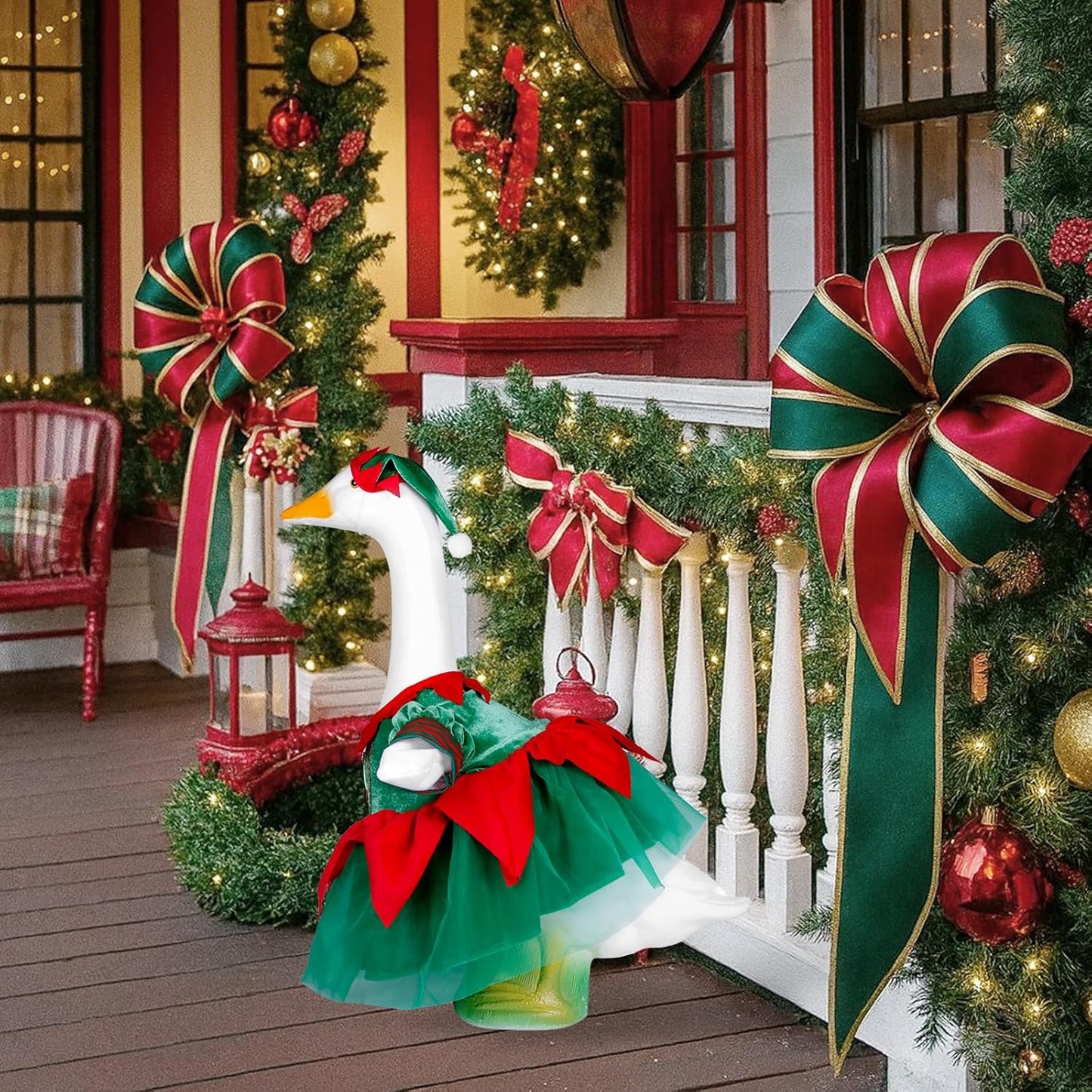 Christmas Porch Goose Outfit Dresses Clothes for 23" High Cement or Plastic Porch Goose Costume for Yard Lawn Outdoor Garden Patio Statue Xmas Santa Holiday Decor