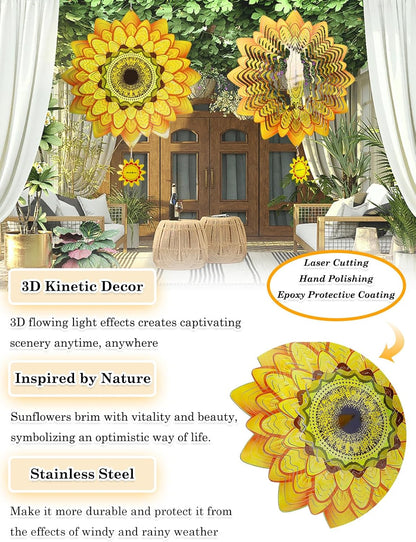 Sunflower Wind Spinner-3D Metal Hanging Wind Spinners, Perfect Ornament Gifts for Women/Men, 12 Inch Spinfinity Wind Spinner for Outdoor & Indoor Decorations, Yard Art, Garden Decoration