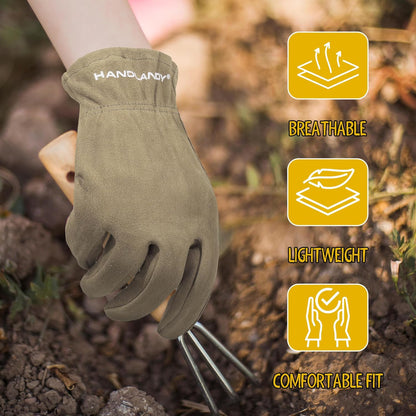 HANDLANDY Kids Genuine Leather Work Gloves for ages 3-11, Children Gardening Gloves for Boys, Girls (Large (age8-11), Khaki)