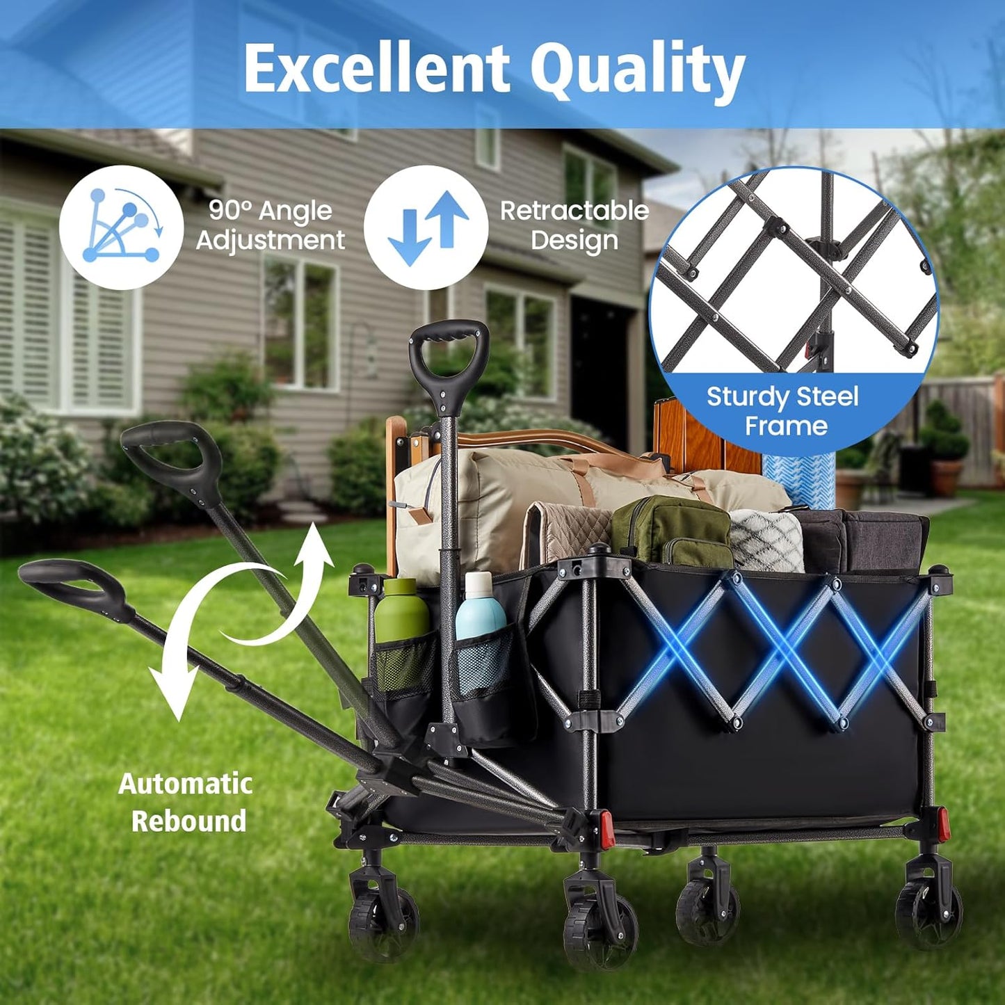 Collapsible Heavy-Duty Wagon Cart with PVC Wheels, Portable Folding Outdoor Utility Wagon for Sports, Garden, Grocery Shopping,Camping, Transportation,Hauling (130L)
